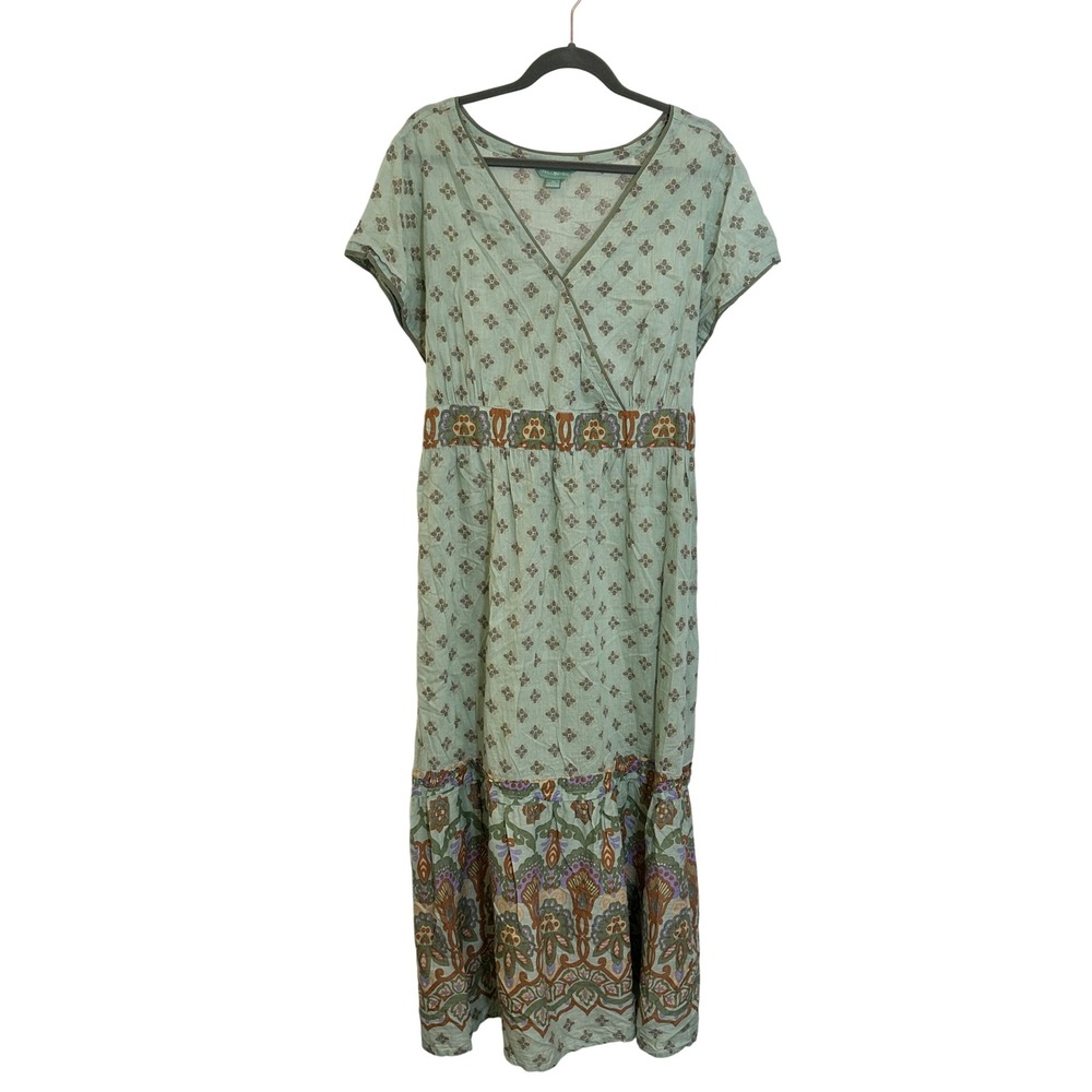 April Cornell Maxi Dress Size 1X Green Floral Cotton Tiered Pockets Cottagecore